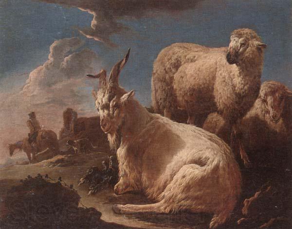 unknow artist An evening landscape with goat and sheep resting in the foreground,a herdsman beyond Norge oil painting art